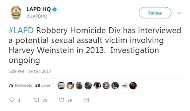LAPD tweets about Harvey Weinstein 