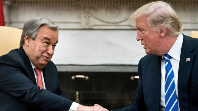 U.N. Secretary-General Antonio Guterres and President Trump shake hands before a meeting in the Oval Office of the White House in Washington on Oct. 20, 2017. 