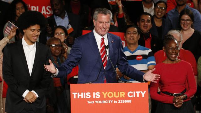 New York Mayor de Blasio greets supporters after his re-election in New York City 