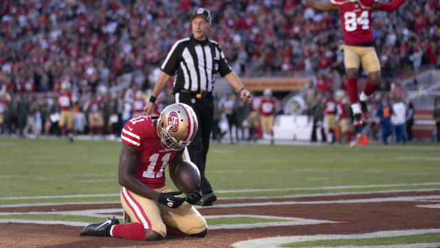 San Francisco 49ers wide receiver Marquise Goodwin (11) celebrates after scoring a touchdown against the New York Giants during the second quarter at Levi's Stadium in Santa Clara, California, on Nov. 12, 2017. 