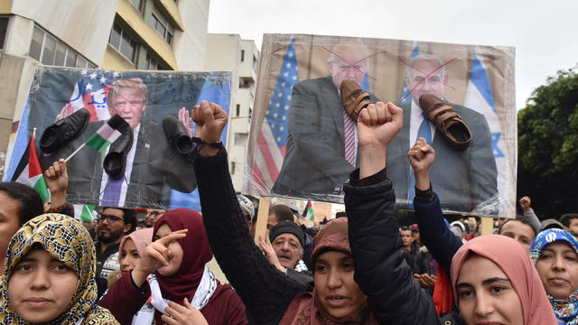 Demonstrators shout slogans during a protest against the U.S. intention to move its embassy to Jerusalem and to recognise the city of Jerusalem as the capital of Israel, in the city of Rabat 