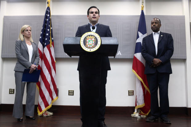 Puerto Rico Governor Rossello addresses the media next to Homeland Security Secretary Nielsen and Housing and Urban Development Secretary Carson, after Hurricane Maria's devastation, in San Juan 