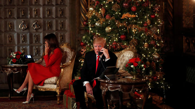 U.S. President Donald Trump participates in a Christmas Eve video teleconference with members of the military at Mar-a-Lago estate in Palm Beach, Florida, U.S. 