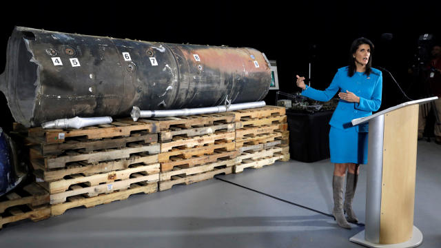 U.S. Ambassador to the United Nations Nikki Haley briefs the media in front of remains of Iranian "Qiam" ballistic missile in Washington 