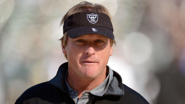 Former head coach of the Oakland Raiders and current ESPN "Monday Night Football" Analyst Jon Gruden looks on during pre-game warm-ups before an NFL football game between the New Orleans Saints and Oakland Raiders at O.co Coliseum on Nov. 18, 2012, in Oakland, California. 