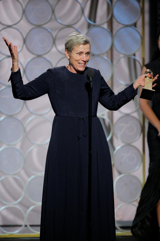 Frances McDormand, wins Best Performance by an Actress in a Motion Picture Drama for "Three Billboards Outside Ebbing, Missouri" at the 75th Golden Globe Awards in Beverly Hills, California 