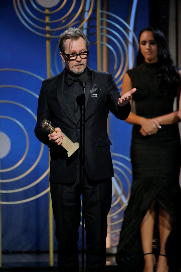 Gary Oldman, wins Best Performance by an Actor in a Motion Picture Drama for "The Darkest Hour" at the 75th Golden Globe Awards in Beverly Hills, California 