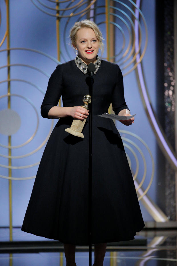 Elizabeth Moss speaks after winning Best Performance by an Actress in a Television Series Drama "The Handmaid's Tale" at the 75th Golden Globe Awards in Beverly Hills 