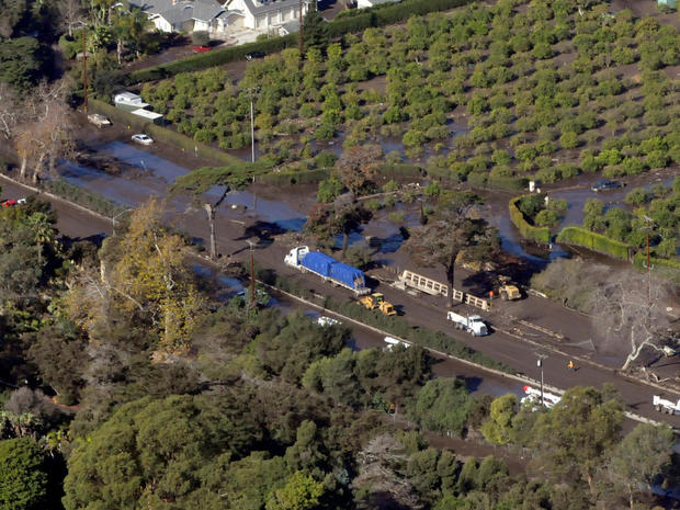An aerial photo showing Hwy 101 mudslide clean-up due to heavy rains in Montecito, California 