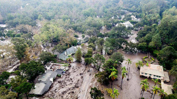 Mudflow and damage from mudslides are pictured in this aerial photo taken from a Santa Barbara County Air Support Unit Fire Copter over Montecito 