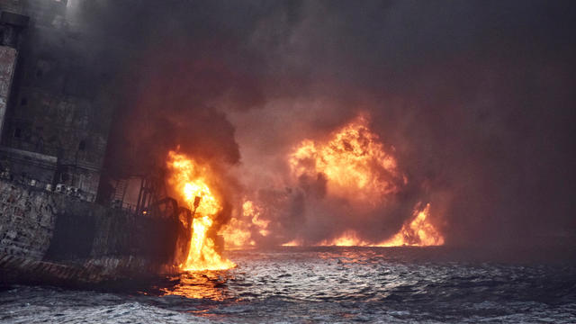 Iranian oil tanker Sanchi is seen engulfed in fire in the East China Sea 