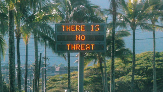 An electronic sign reads "There is no threat" in Oahu, Hawaii, U.S. 