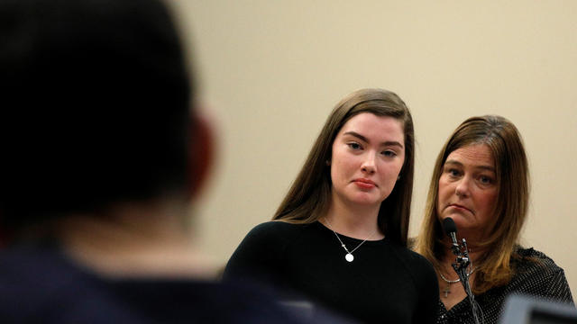 Victim Emma Ann Miller speaks along side her mother Leslie Miller at the sentencing hearing for Larry Nassar, a former team USA Gymnastics doctor who pleaded guilty in November 2017 to sexual assault charges, in Lansing 