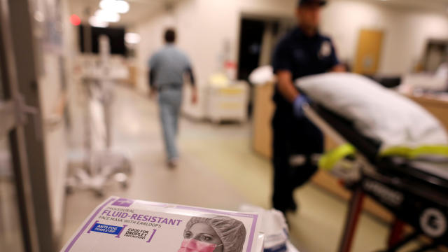 A box of masks is shown in the emergency room at Palomar Medical Center in Escondido, California 