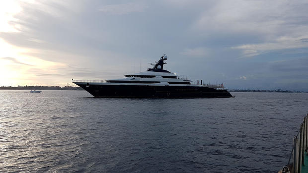 A seized a luxury yacht sought by the U.S. Department of Justice (DOJ) as part of a multi-billion dollar corruption investigation is seen off the shore of Banoa, on the resort island of Bali, 