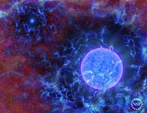 Artist's rendering of first massive blue stars in the universe 