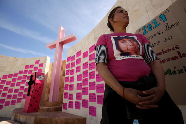 Perla Reyes, whose daughter Jocelyn Calderon was reported missing to police in 2012, takes part in a protest to mark International Women's Day at a memorial for women murder victims in Ciudad Juarez 
