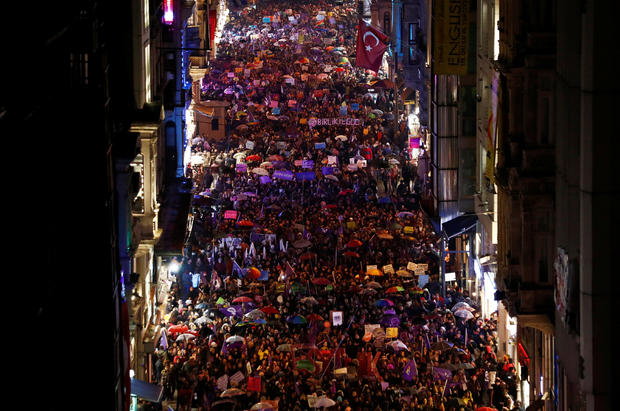 Activists march at the main shopping and pedestrian street of Istiklal during a rally on the International Women's Day in Istanbul 