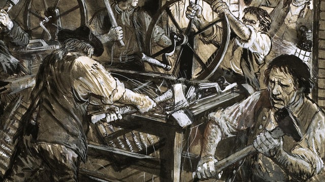 Workmen take out their anger on the machines 