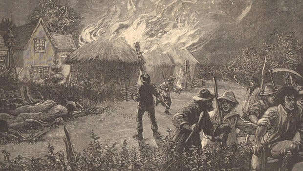 Kentish agricultural workers attacking a farm at night, c1830. Ricks were burned and machinery, particularly threshing machines, wee smashed because the labourers thought they were threatening their jobs and depressing their wages. Engraving c1890. 