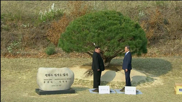 South Korean President Moon Jae-in and North Korean leader Kim Jong Un attend tree planting ceremony during the inter-Korean summit at the truce village of Panmunjom 
