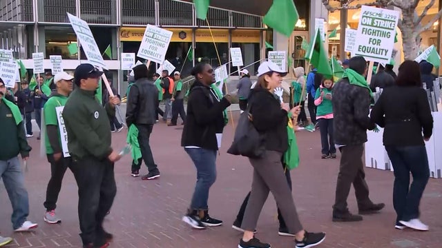 Picketeers march at the University of California, Berkeley, campus in Berkeley, California, on May 7, 2018. 