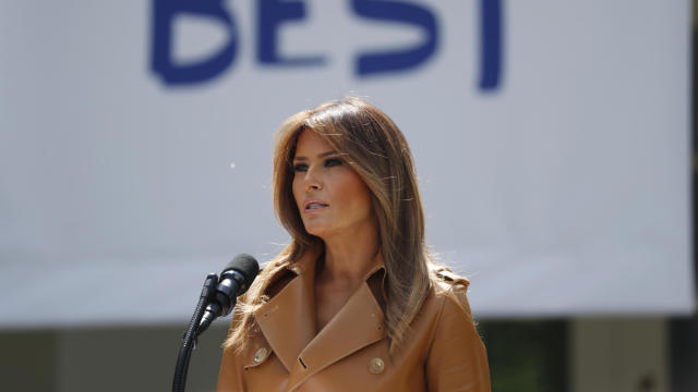 Melania Trump delivers remarks at the "launch of her initiatives" as first lady at the White House in Washington 