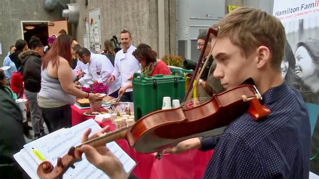 Violinist at Mothers Day Brunch in S.F. Tenderloin Homeless Shelter 