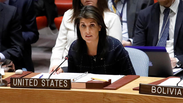 US Ambassador to the UN Nikki Haley speaks during a UN Security Council meeting on the Crisis in the Middle East at the UN headquarters in New York 