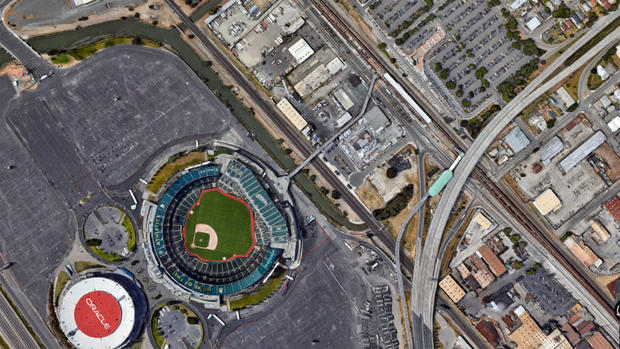 Google Earth Satellite View of Oakland Coliseum and Oracle Arena 