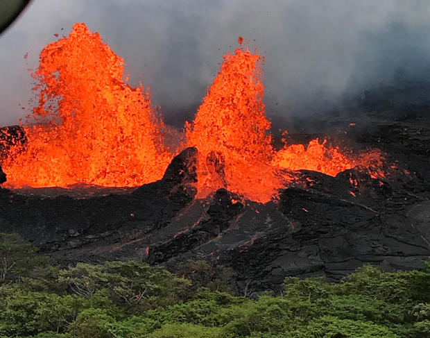 Lava fountain is observed from a helicopter flight over the Fissure 22 in Kilauea Volcano's Lower East Rift Zone during ongoing eruptions of the Kilauea Volcano in Hawaii 