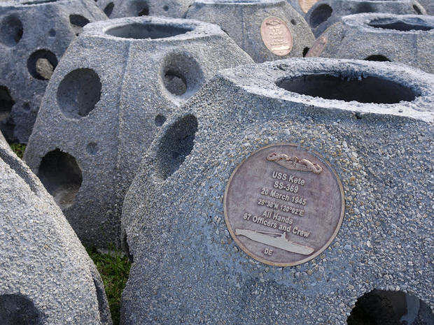 Some of the 66 Eternal Reef balls with plaques representing each of the submarines and crewmembers lost at sea since 1900, in Sarasota 
