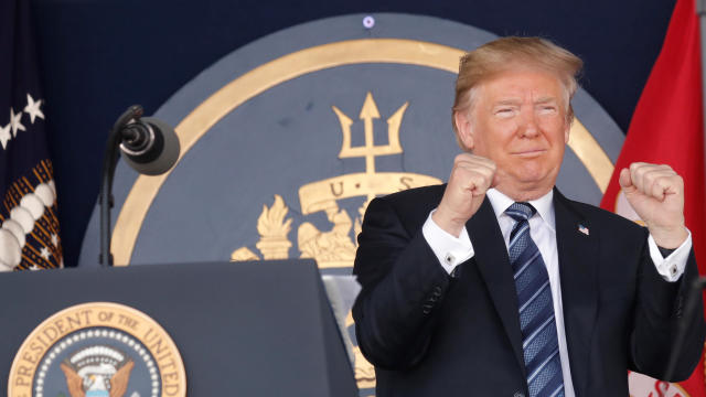 U.S. President Donald Trump gestures as he speaks at the commissioning and graduation ceremony for U.S. Naval Academy Class of 2018 at the Navy-Marine Corps Memorial Stadium in Annapolis 
