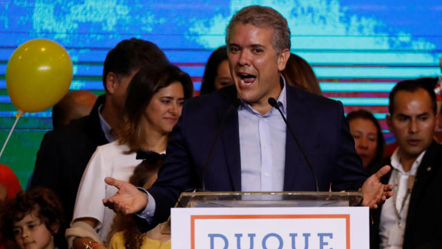 Right wing presidential candidate Ivan Duque speaks after polls closed in the presidential election in Bogota 