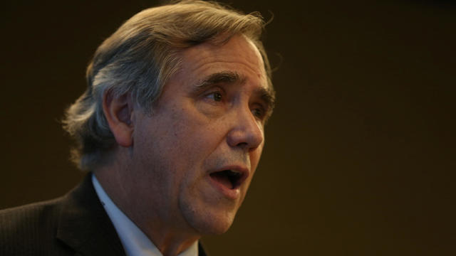 Senator Jeff Merkley talks to reporters during a news conference at a hotel in Yangon 