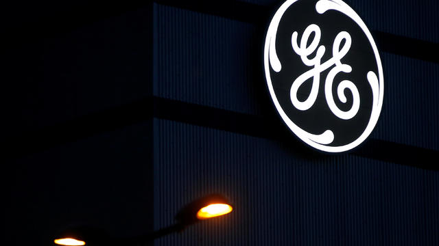 The General Electric logo is pictured on the General Electric offshore wind turbine plant in Montoir-de-Bretagne 