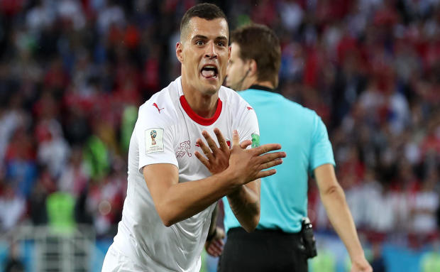 Granit Xhaka of Switzerland celebrates after scoring his team's first goal during the 2018 FIFA World Cup Russia group E match between Serbia and Switzerland at Kaliningrad Stadium on June 22, 2018, in Kaliningrad, Russia. 