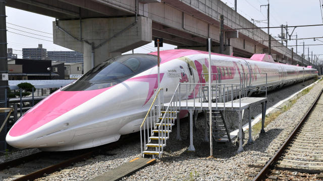 West Japan Railway Co. unveils a Shinkansen bullet train featuring Hello Kitty during the press preview at Nakagawa Town in Fukuoka Prefecture, Japan 