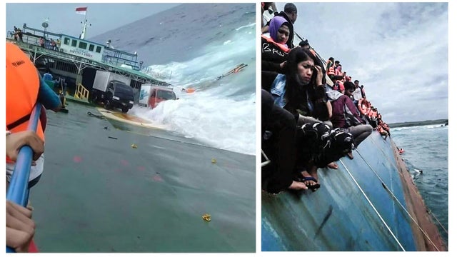 A combination picture shows survivors as KM Lestari Maju boat sinks in the waters of Selayar island, South Sulawesi province, Indonesia 