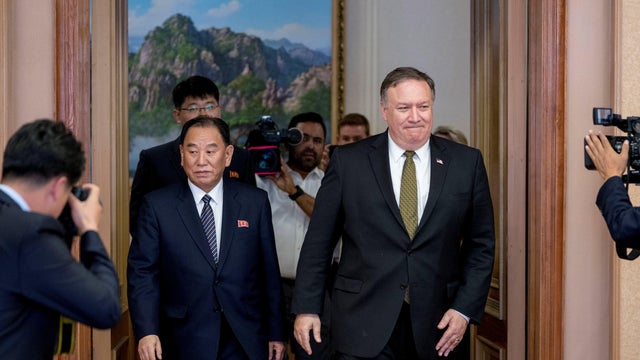 U.S. Secretary of State Mike Pompeo and Kim Yong Chol, a North Korean senior ruling party official and former intelligence chief, return to discussions after a break at Park Hwa Guest House in Pyongyang 