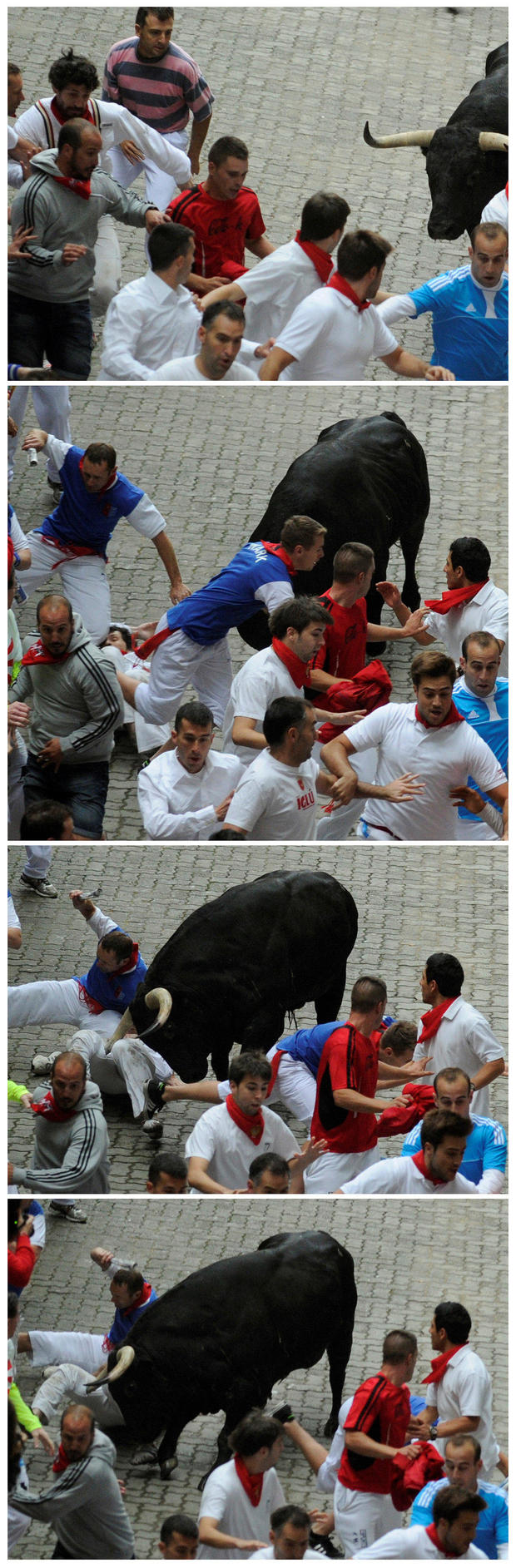 FILE PHOTO: A combination photo shows American Bill Hillmann getting gored in the right thigh during the third running of the bulls at the San Fermin festival in Pamplona 