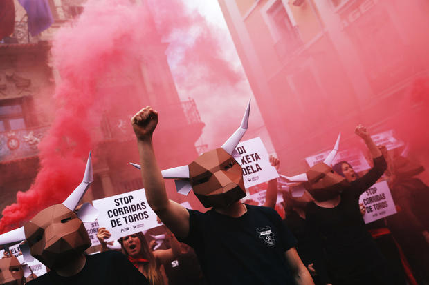 Animal rights protesters demonstrate for the abolition of bullfights a day before the start of the famous running of the bulls San Fermin festival in Pamplona 