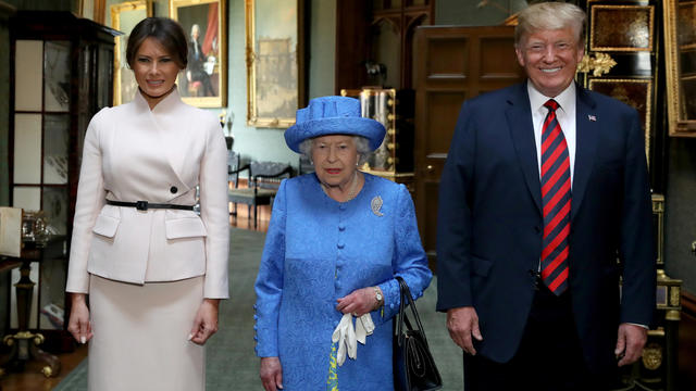 Britain's Queen Elizabeth stands with U.S. President Donald Trump and his wife, Melania in the Grand Corridor during their visit to Windsor Castle, Windsor 