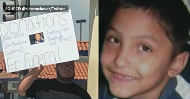 (L) Man in La Puente asking for donations for a fake funeral using the photo of Gabriel Fernandez, the 8-year-old Palmdale boy who was tortured and killed by his mother and her boyfriend, July 19, 2018. (SOURCE: @sierranchavez/Twitter) 