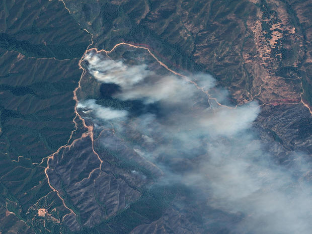 A satellite image shows the River fire at the Mendocino Complex wildfire in California 