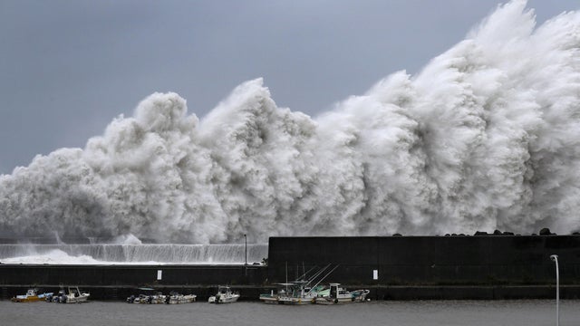 High waves triggered by Typhoon Jebi are seen at a fishing port in Aki 