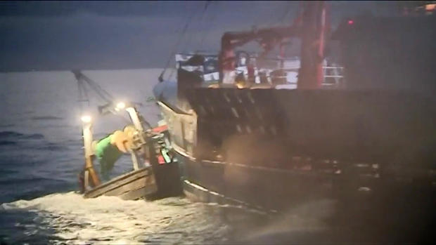 French and British fishing boats collide during a scrap in the English Channel over scallop fishing rights Aug. 28, 2018, in this still image taken from a video. 