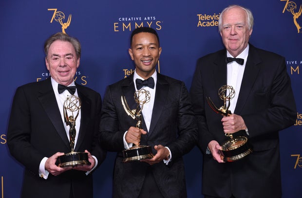 Andrew Lloyd Webber, John Legend and Tim Rice with their Emmy Awards