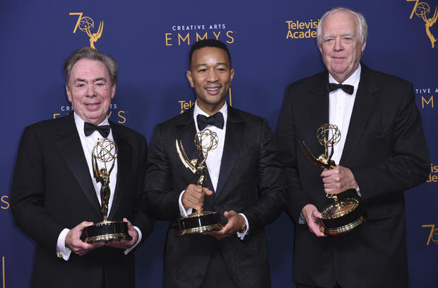 Andrew Lloyd Webber, John Legend and Tim Rice with their Emmy Awards 