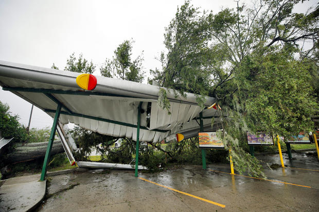 A fallen tree lies atop the crushed roof of a fast food restaurant after the arrival of Hurricane Florence in Wilmington, North Carolina 
